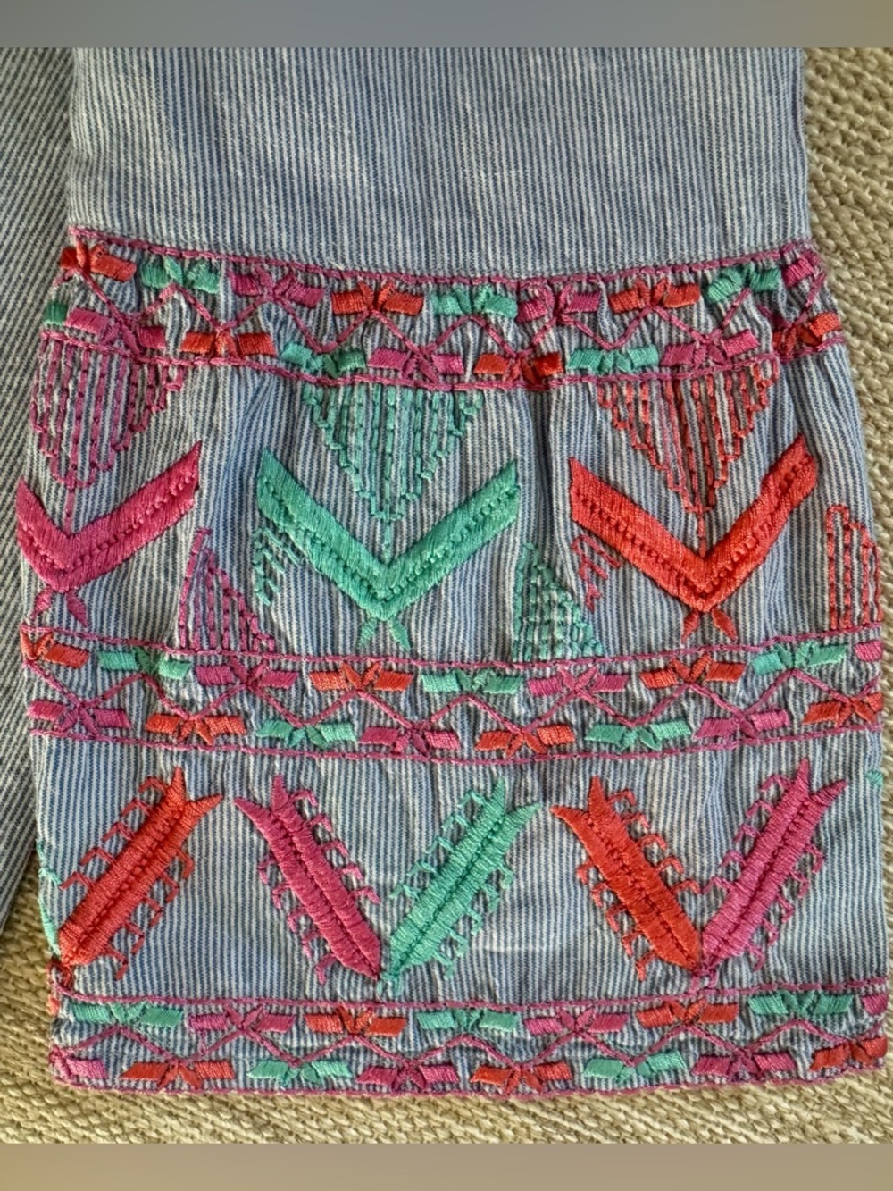 APNY blue stripe embroidered cotton popover top split‎ neck bell sleeve women S - Picture 4 of 6